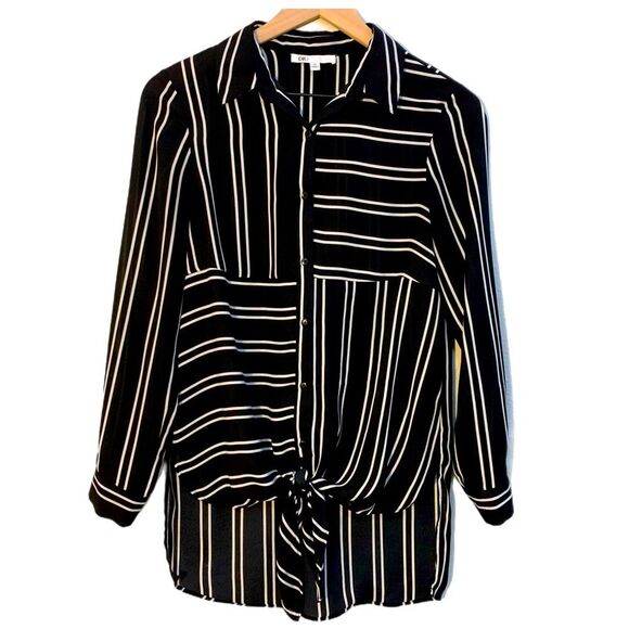 DR2 Tie Front Blouse Women’s XS Black White Block Stripe High Low Button Up. - Picture 1 of 12
